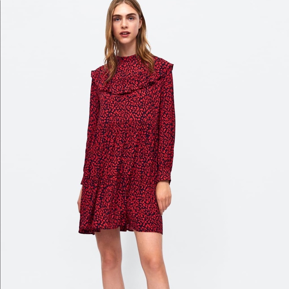 Zara red animal print ruffled shift dress